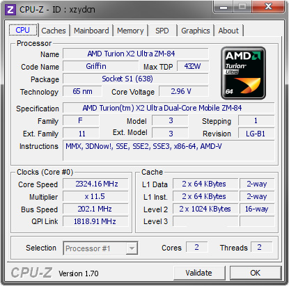 screenshot of CPU-Z validation for Dump [xzydcn] - Submitted by  TURION  - 2014-08-27 15:08:31