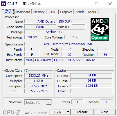 screenshot of CPU-Z validation for Dump [y341es] - Submitted by  Boblemagnifique Opteron 150 LN2  - 2023-10-21 22:25:15
