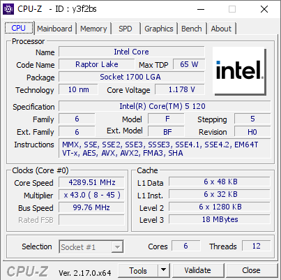 screenshot of CPU-Z validation for Dump [y3f2bs] - Submitted by  DESKTOP-973HUJF  - 2026-03-10 04:37:20