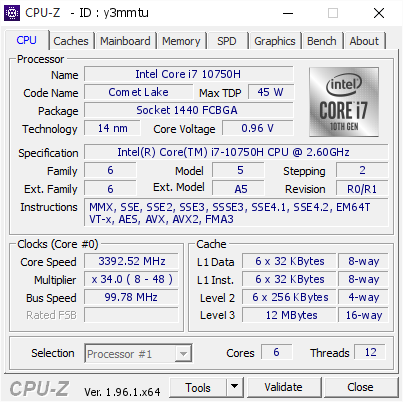 Intel Core I7 10750h 3392 52 Mhz Cpu Z Validator