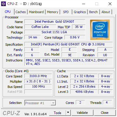 screenshot of CPU-Z validation for Dump [yb01qg] - Submitted by  DESKTOP-VHK3SDD  - 2020-01-05 00:33:49