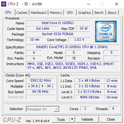 Intel Core I3 1005g1 3392 52 Mhz Cpu Z Validator