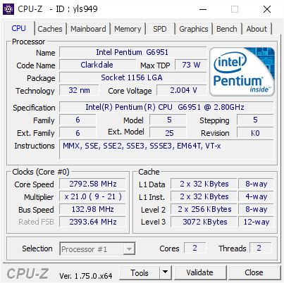 screenshot of CPU-Z validation for Dump [yls949] - Submitted by  ELSTAD-MAIN  - 2016-01-30 22:00:02
