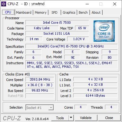 Intel Core i5 7500 @ 3593.84 MHz - CPU-Z VALIDATOR