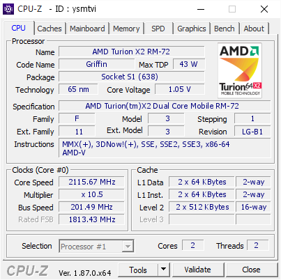 screenshot of CPU-Z validation for Dump [ysmtvi] - Submitted by  HP6735S-LAPPY  - 2019-01-07 07:51:00