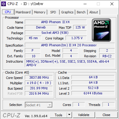 screenshot of CPU-Z validation for Dump [yt1wbw] - Submitted by  Sivon  - 2022-02-03 09:58:12