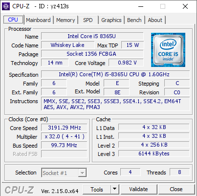 screenshot of CPU-Z validation for Dump [yz413s] - Submitted by  Thinkpad T490  - 2025-06-04 05:10:15
