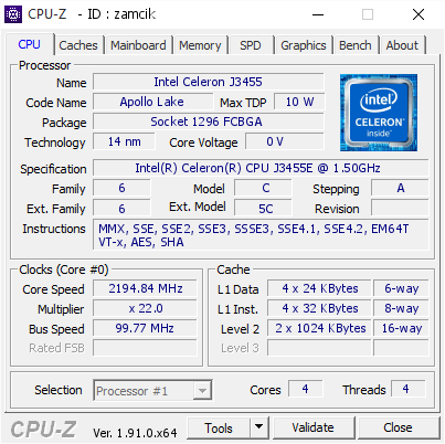 screenshot of CPU-Z validation for Dump [zamcik] - Submitted by  Anonymous  - 2020-05-20 20:01:51