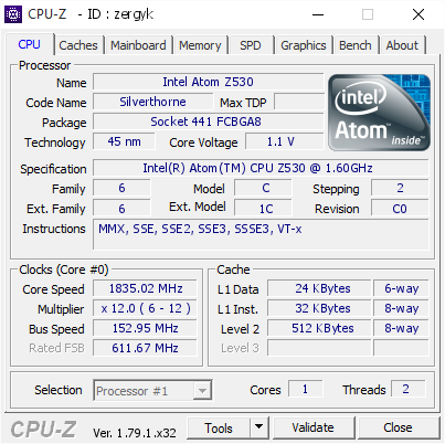 screenshot of CPU-Z validation for Dump [zergyk] - Submitted by  NOKIA-BOOKLET-3  - 2017-06-12 23:19:08