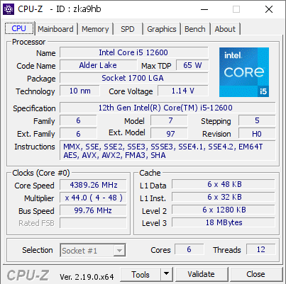 screenshot of CPU-Z validation for Dump [zka9hb] - Submitted by  ОЛЕСЯ  - 2026-08-19 15:29:08