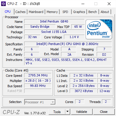 Intel Pentium G840 @ 2795.34 MHz - CPU-Z VALIDATOR