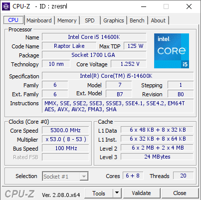 Intel Core i5 14600K @ 5300 MHz - CPU-Z VALIDATOR