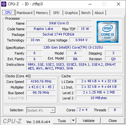 screenshot of CPU-Z validation for Dump [ztfsp3] - Submitted by  LAPTOP-8N1V8N0A  - 2024-01-10 17:04:40