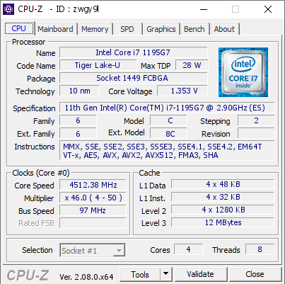 screenshot of CPU-Z validation for Dump [zwgy9l] - Submitted by  I7-1195G7  - 2024-02-09 19:09:03