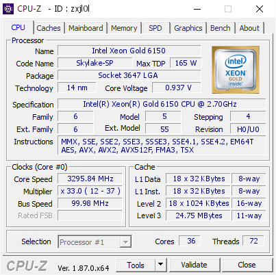 Sturen vork tofu Intel Xeon Gold 6150 @ 3295.84 MHz - CPU-Z VALIDATOR