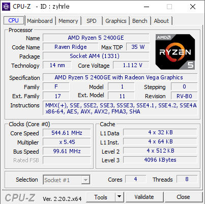 AMD Ryzen 5 2400GE @ 544.61 MHz - CPU-Z VALIDATOR