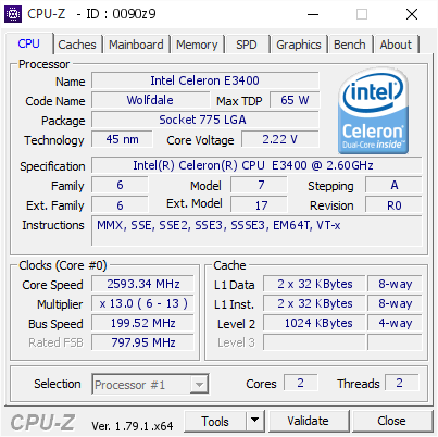 Intel Celeron E3400 @ 2593.34 MHz - CPU-Z VALIDATOR