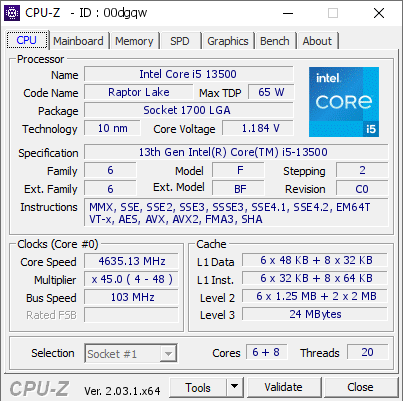 Intel Core i5 13500 @ 4635.13 MHz - CPU-Z VALIDATOR