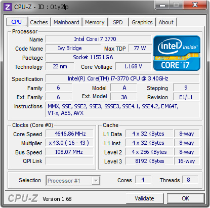 Ik wil niet Legende Overweldigend Intel Core i7 3770 @ 4646.86 MHz - CPU-Z VALIDATOR