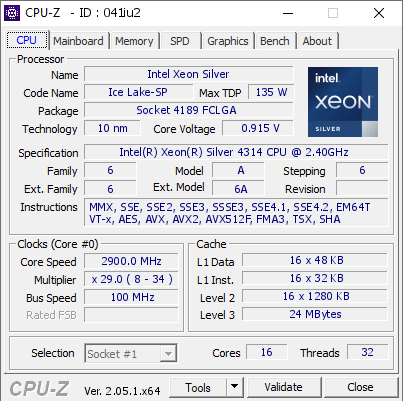 Intel Xeon Silver @ 2900 MHz - CPU-Z VALIDATOR