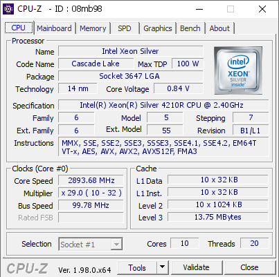 screenshot of CPU-Z validation for Dump [08mb98] - Submitted by  QCMS21Y12M028  - 2022-02-08 07:44:11