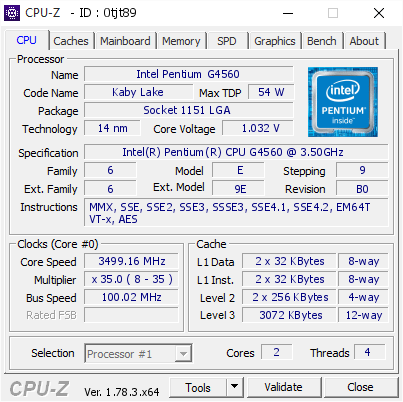 Intel Pentium G4560 @ 3499.16 MHz - CPU-Z VALIDATOR