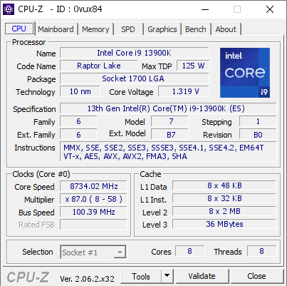 Intel Core i9 13900K @ 8734.02 MHz - CPU-Z VALIDATOR
