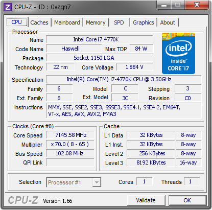 Intel Core i7 4770K @ 7145.58 MHz - CPU-Z VALIDATOR