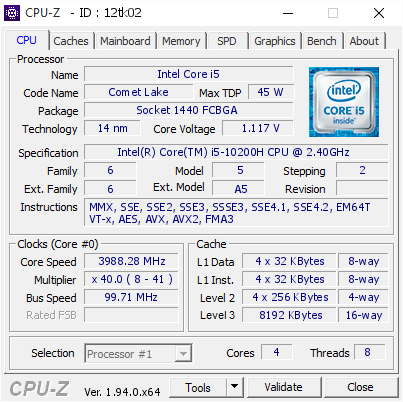 Intel Core i5 @ 3988.28 MHz - CPU-Z VALIDATOR