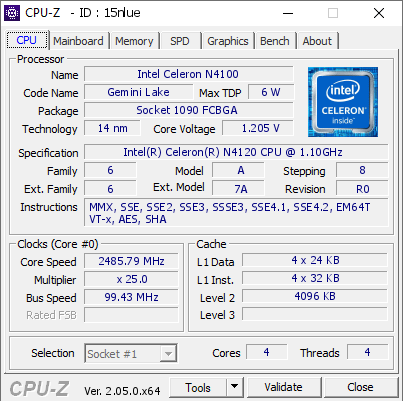Verbaasd Lauw Turbine Intel Celeron N4100 @ 2485.79 MHz - CPU-Z VALIDATOR