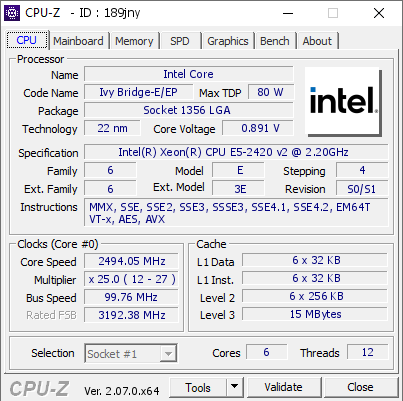Intel Core @ 2494.05 MHz - CPU-Z VALIDATOR
