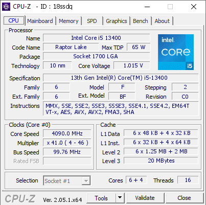 Intel Core i5 13400 @ 4090 MHz - CPU-Z VALIDATOR