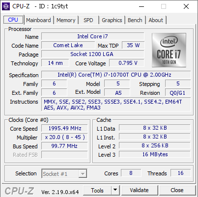 screenshot of CPU-Z validation for Dump [1c9tyt] - Submitted by  Anonymous  - 2026-08-20 01:43:49