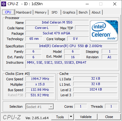 Intel Celeron M 550 @ 1994.7 MHz - CPU-Z VALIDATOR