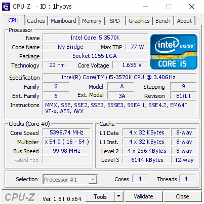 Intel Core i5 3570K @ 5398.74 MHz - CPU-Z VALIDATOR