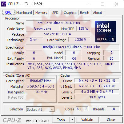 screenshot of CPU-Z validation for Dump [1ls62t] - Submitted by  avo256  - 2026-07-13 12:06:32
