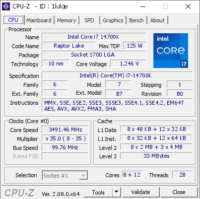 Intel Core i7 14700K @ 3491.46 MHz - CPU-Z VALIDATOR