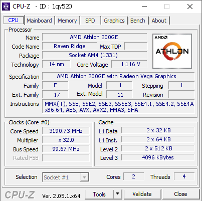 AMD Athlon 200GE @ 3190.73 MHz - CPU-Z VALIDATOR