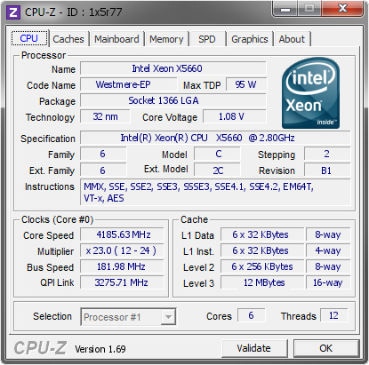 Intel Xeon X5660 @ 4185.63 MHz - CPU-Z VALIDATOR