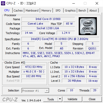 screenshot of CPU-Z validation for Dump [22jpk2] - Submitted by  DESKTOP-BVKC9CB  - 2020-11-01 11:39:28