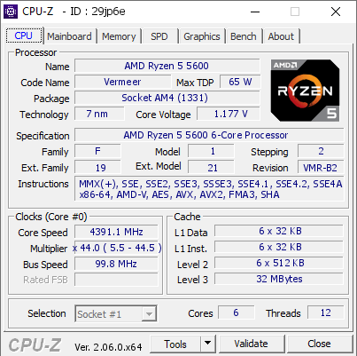 AMD Ryzen 5 5600 4391.1 MHz CPU Z VALIDATOR