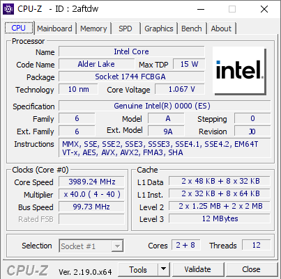 screenshot of CPU-Z validation for Dump [2aftdw] - Submitted by  Alderlakei71255uESMassive500 UV  - 2026-06-19 05:12:28