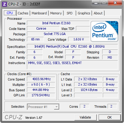 screenshot of CPU-Z validation for Dump [2d32lf] - Submitted by  E2160-PC  - 2014-02-20 23:02:20