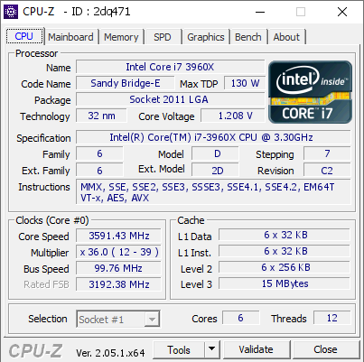Intel Core i7 3960X @ 3591.43 MHz - CPU-Z VALIDATOR