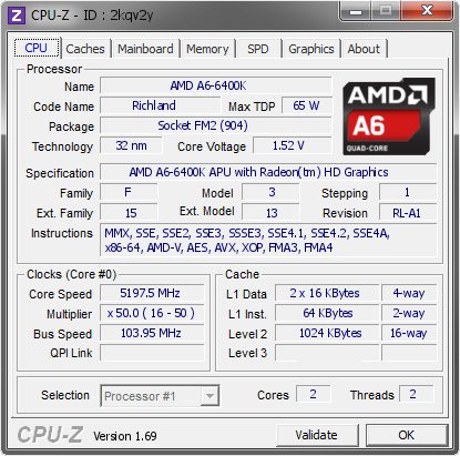 screenshot of CPU-Z validation for Dump [2kqv2y] - Submitted by  Balathruin  - 2014-07-05 15:07:05