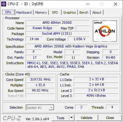 screenshot of CPU-Z validation for Dump [2qt2h5] - Submitted by  200GE-3400cl16  - 2023-06-22 23:18:40