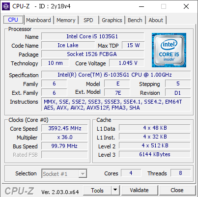 Intel Core i5 1035G1 @ 3592.45 MHz - CPU-Z VALIDATOR