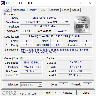 Intel Core i5 10400 @ 3986.32 MHz - CPU-Z VALIDATOR