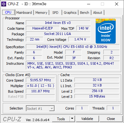 screenshot of CPU-Z validation for Dump [36mw3e] - Submitted by  jayakiran  - 2023-06-30 14:48:39
