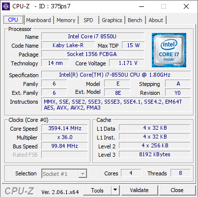Intel Core i7 8550U @ 3594.14 MHz - CPU-Z VALIDATOR
